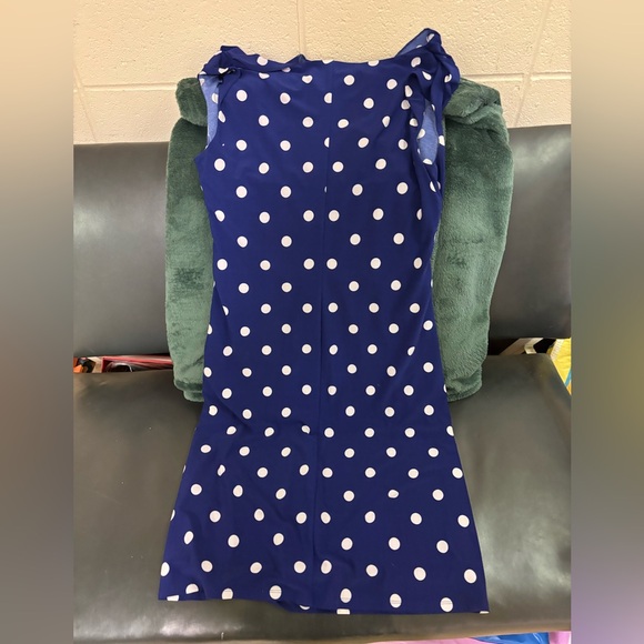 Lauren Ralph Lauren Dress Womens 14 Blue White Polka Dot Cowl Neck Ruched Sheath - Picture 4 of 7